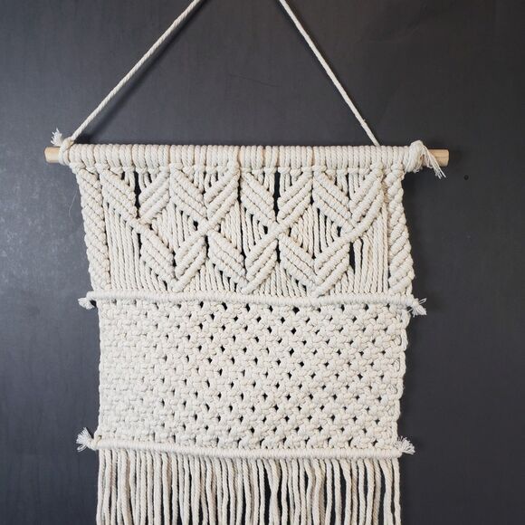 Boho Neutral Beige Macramé 25" Wall Hanging Decor Natural Minimalist - Picture 2 of 7
